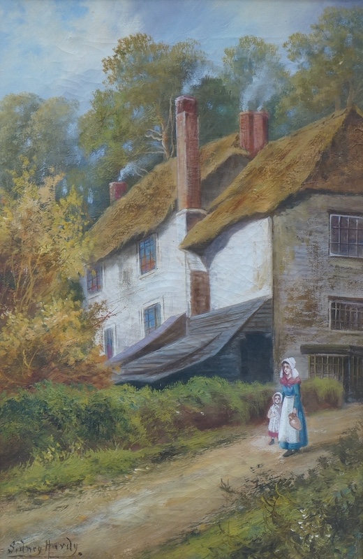 Sidney Hardy (19th. C), oil on canvas, Mother and child before a cottage, signed, 43 x 28cm, ornate gilt frame. Condition - fair to good